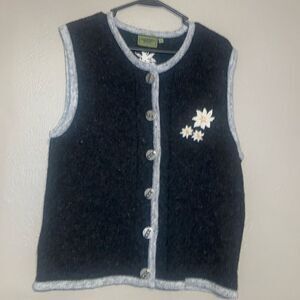 Vintage Wool Vest Gray with Flowers Metal Buttons Large